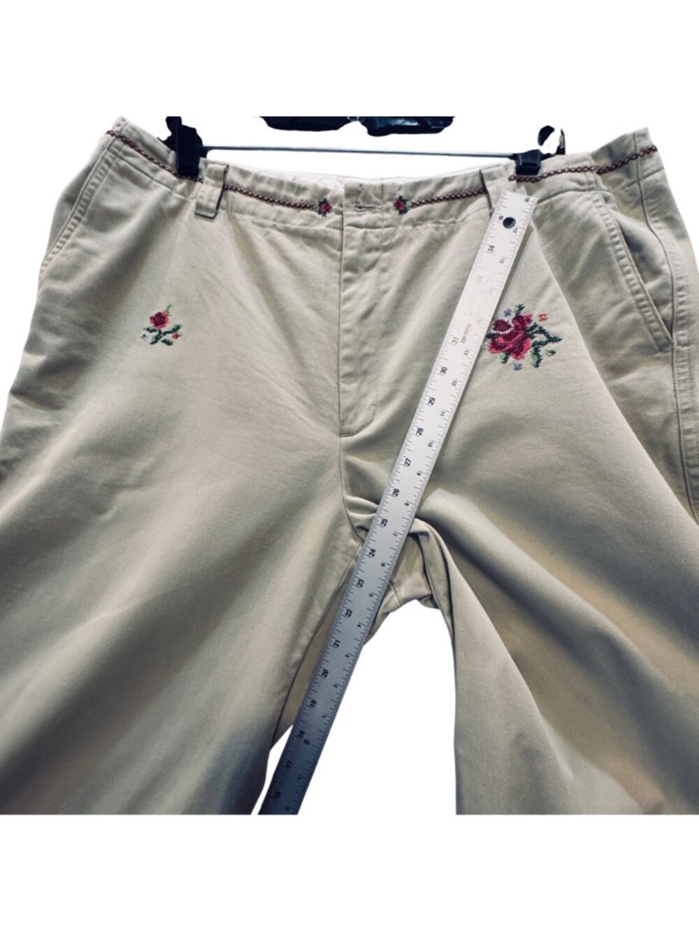 Vintage 90s Gap Clean Cut Khaki Capris Size 16 Chinos Embroidered Floral Artsy - Picture 11 of 13